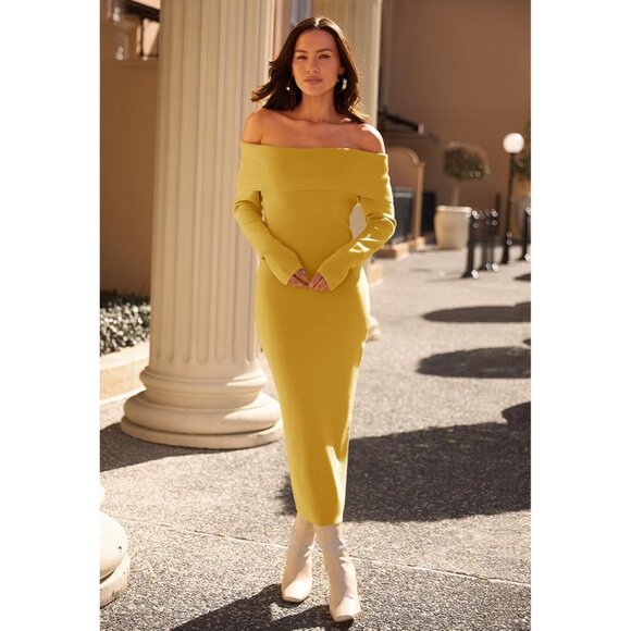 Merokeety Women's Ginger Off Shoulder Long Sleeve Elegant Bodycon Midi Dress - Picture 9 of 9